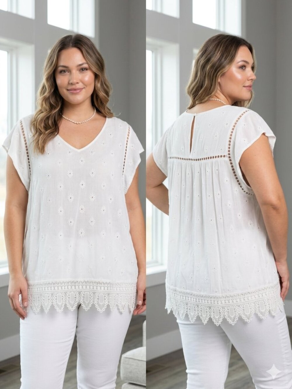 Daniel Rainn White Eyelet Lace Boho Blouse V-Neck Crochet Hem Short Sleeve 3XL - Picture 2 of 8